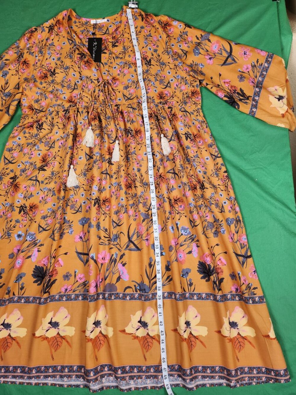 R.Vivimos Mustard Yellow Boho Floral Tassel Maxi Dress Peasant 2XL 70s Vibe NWT - Picture 10 of 13